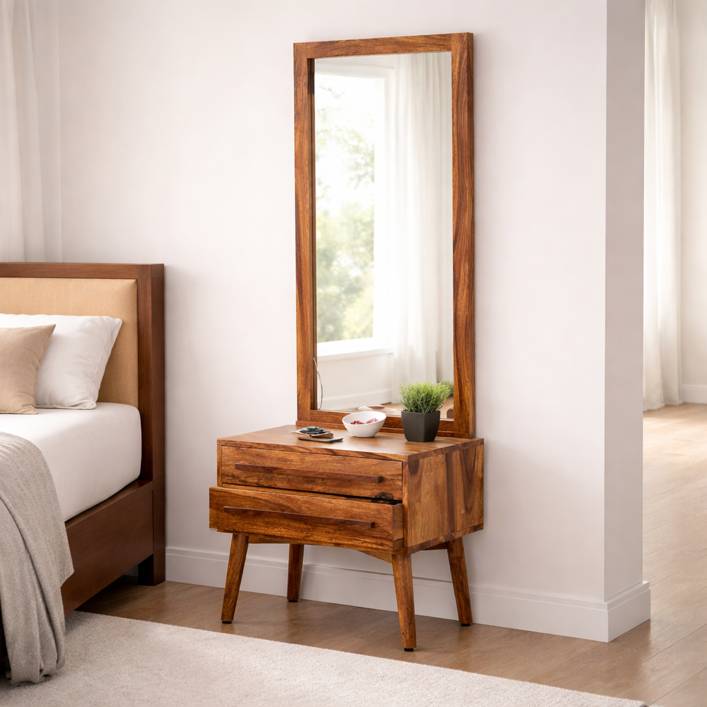 Wood Dressing Table with Mirror Wooden Makeup Vanity Table with 2 Drawer Storage Furniture for Bedroom Living Room Home