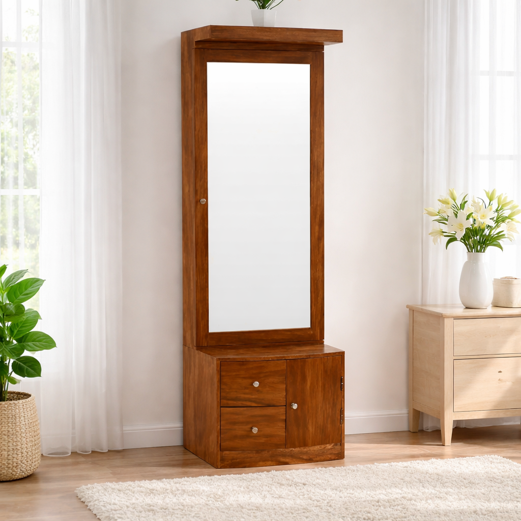 Wood Dressing Table with Mirror Wooden Makeup Vanity Table with 2 Drawer and 1 Door Storage Furniture for Bedroom Living Room Home