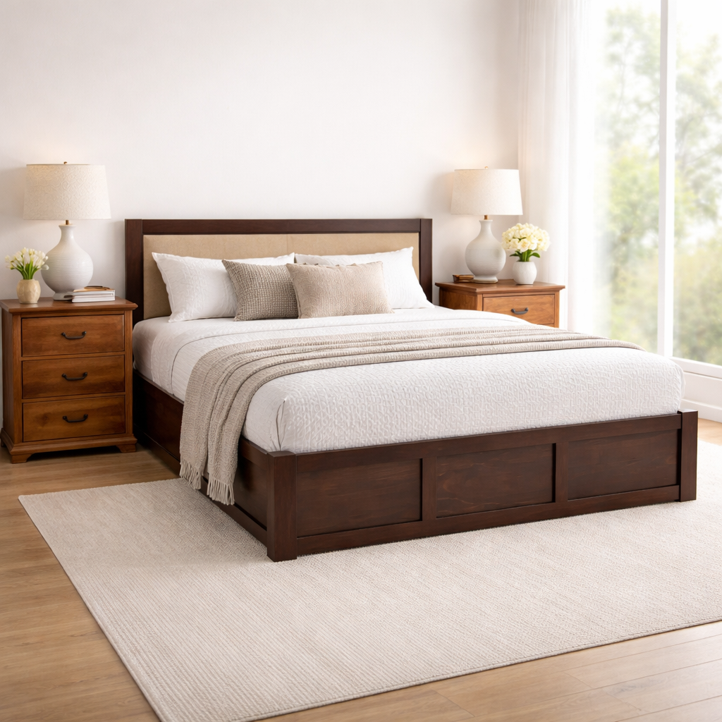 Wood King Size Bed with Hydraulic Storage | Walnut HYD-Cream Cushion