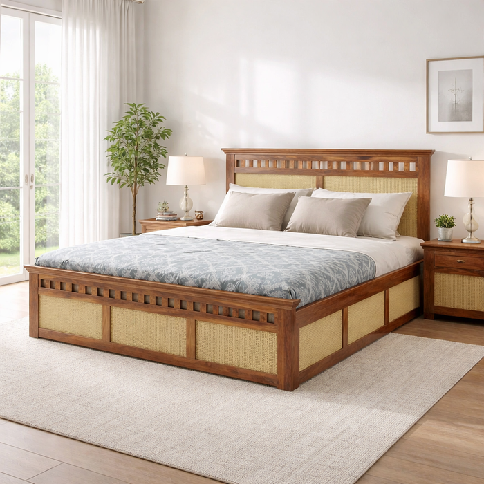 Wood Queen Size Cane Bed | Honey Finish