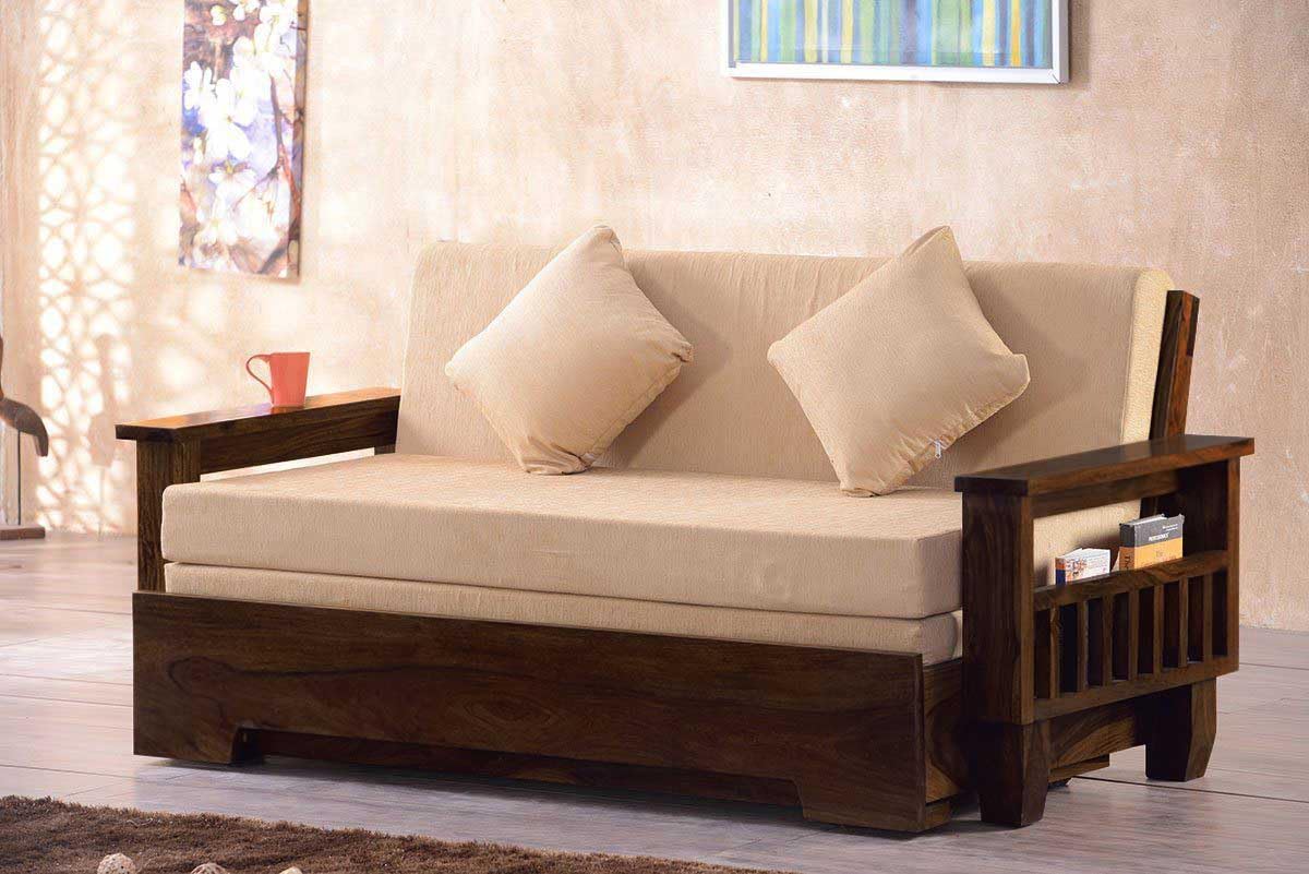 Wooden 3 Seater Sofa Cum Bed | Walnut Finish