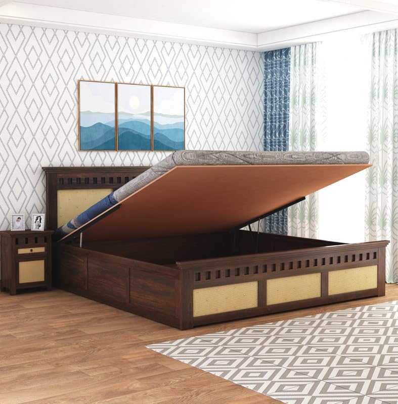 Queen Size Wooden Double Bed With Hydraulic Storage | Walnut Finish