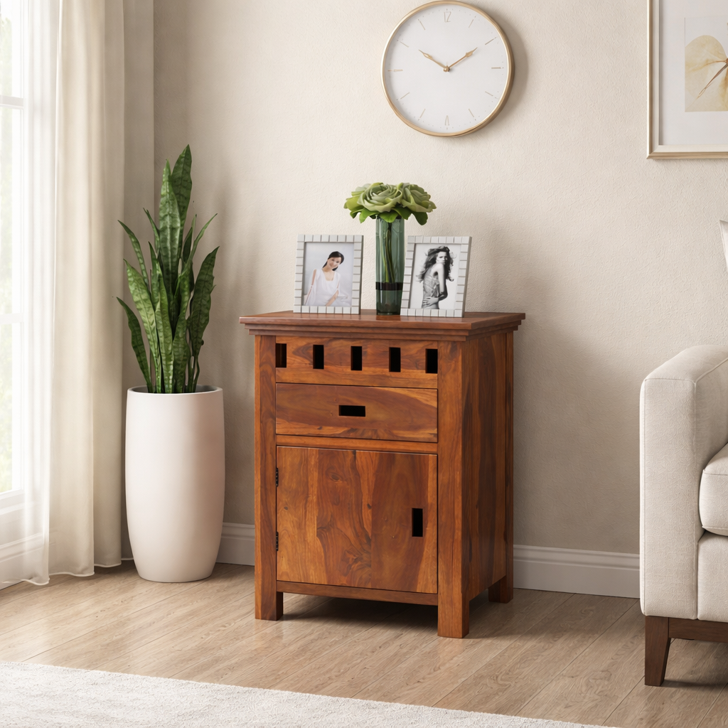 Wooden Bedside Table With Drawer | Honey Finish With 1 Drawer & Door
